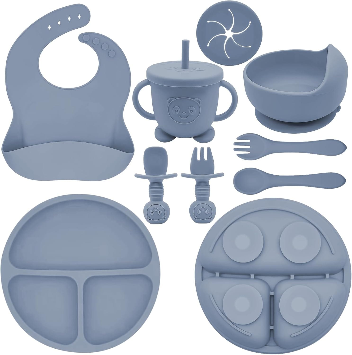 Silicone Baby Feeding Set | Baby Led Weaning Supplies Includes Suction Bowls and Divided Plates, Adjustable Bib, Baby Utensils S