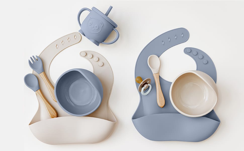 Silicone Baby Feeding Set | Baby Led Weaning Supplies Includes Suction Bowls and Divided Plates, Adjustable Bib, Baby Utensils S