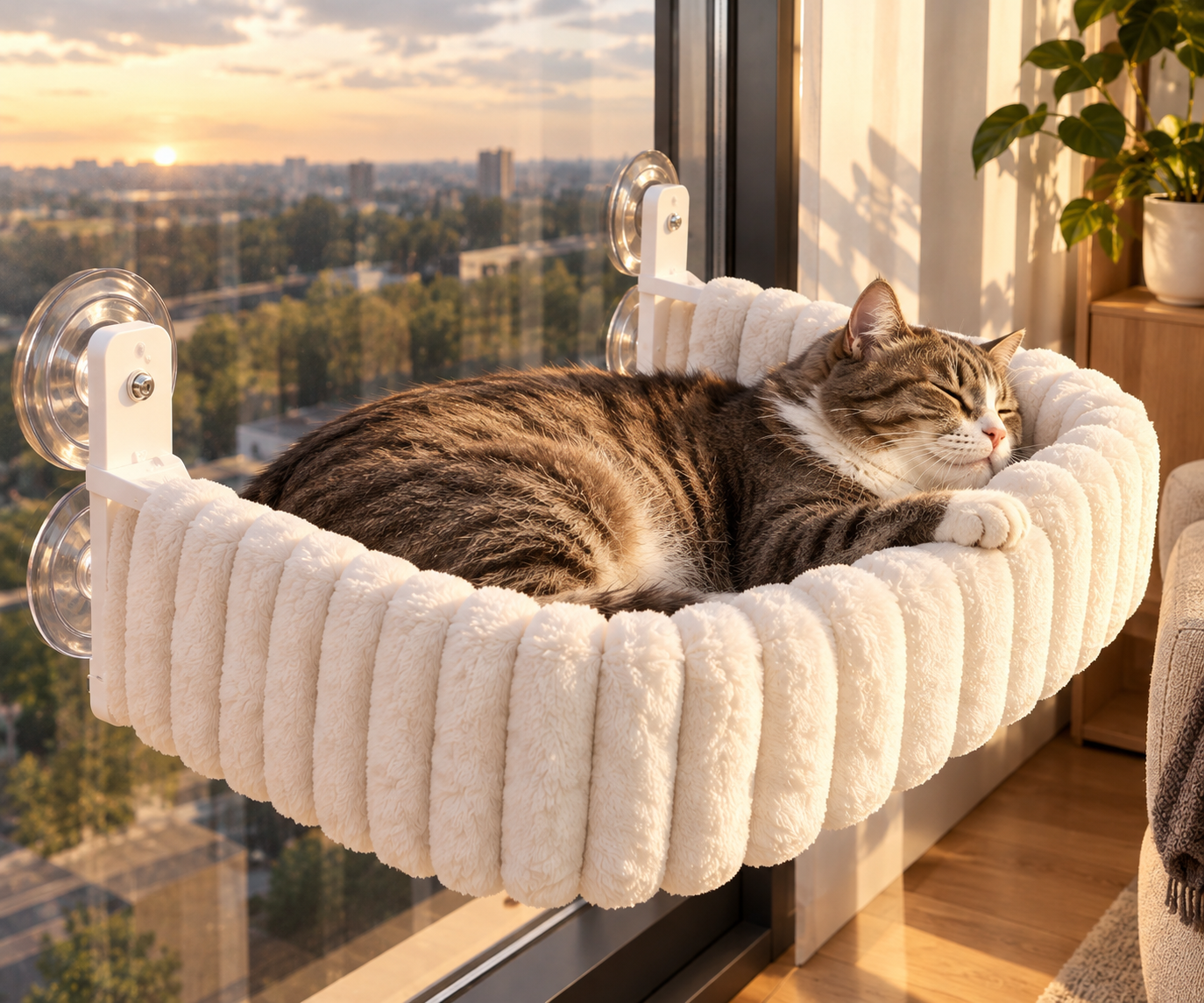 A cat sleeping peacefully in a window mounted hammock