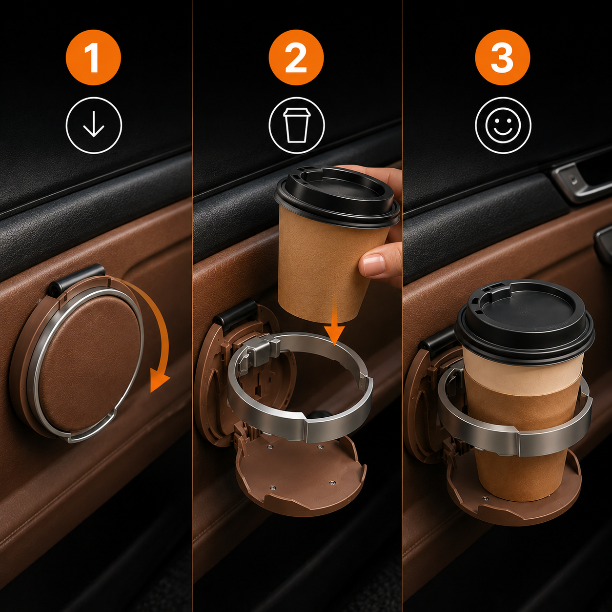 Convenient car door cup holder attached to a vehicle door panel