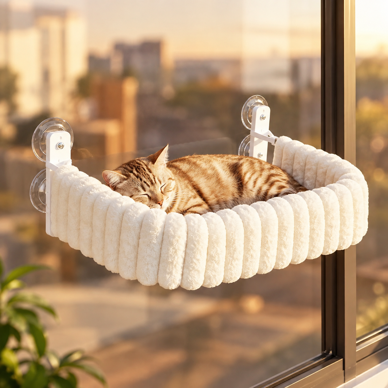 Plush window hammock for cats mounted on a smooth glass surface