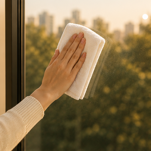 Cleaning a glass window with a cloth for installation
