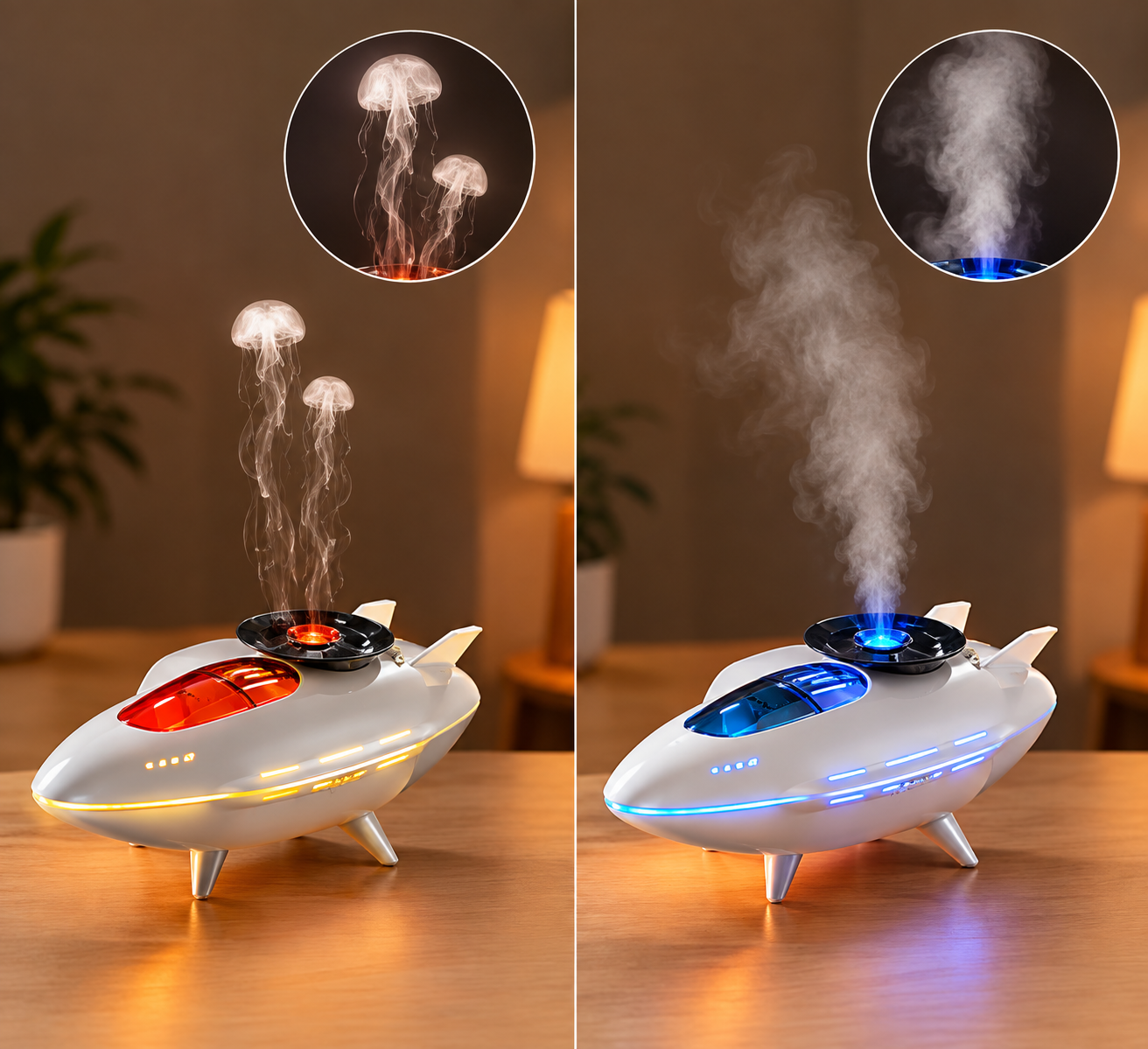 Jellyfish shaped aroma diffuser emitting mist in a modern living room setting