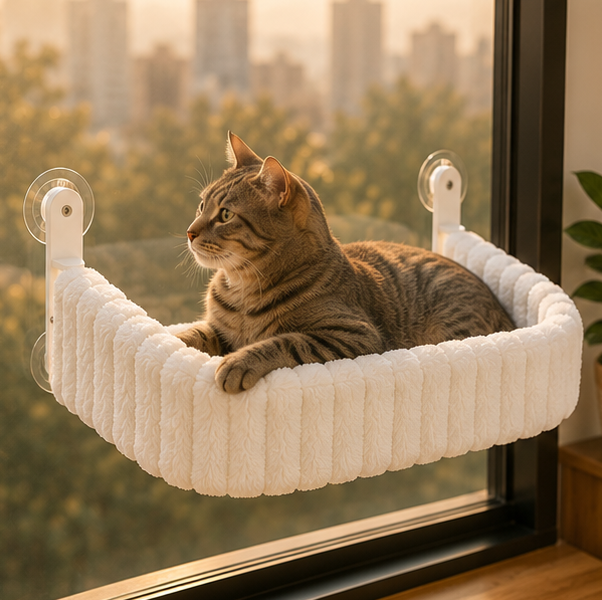 A happy cat relaxing on the window hammock bed