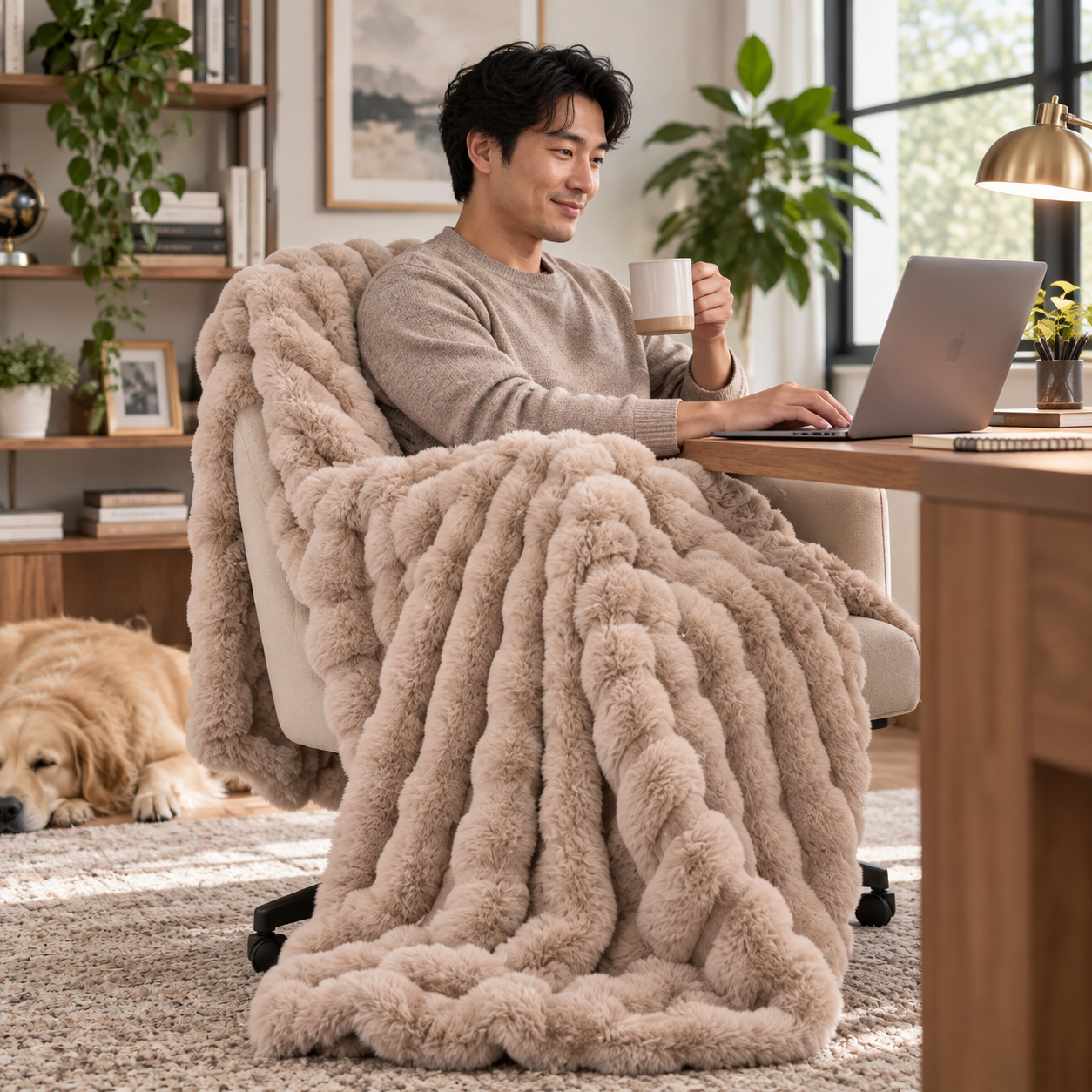 A person feeling the soft and plush surface of the premium blanket