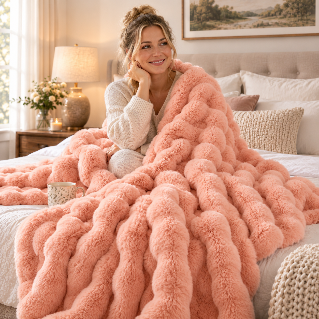 Elegant living room setting featuring the cozy blanket draped over a sofa