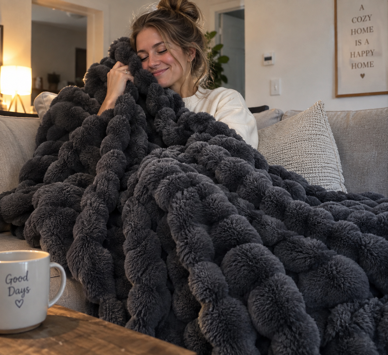 Ultra-soft premium blanket draped elegantly over a modern sofa