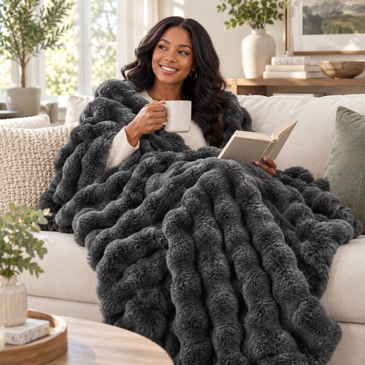 Perfect winter comfort blanket folded neatly on a wooden bench