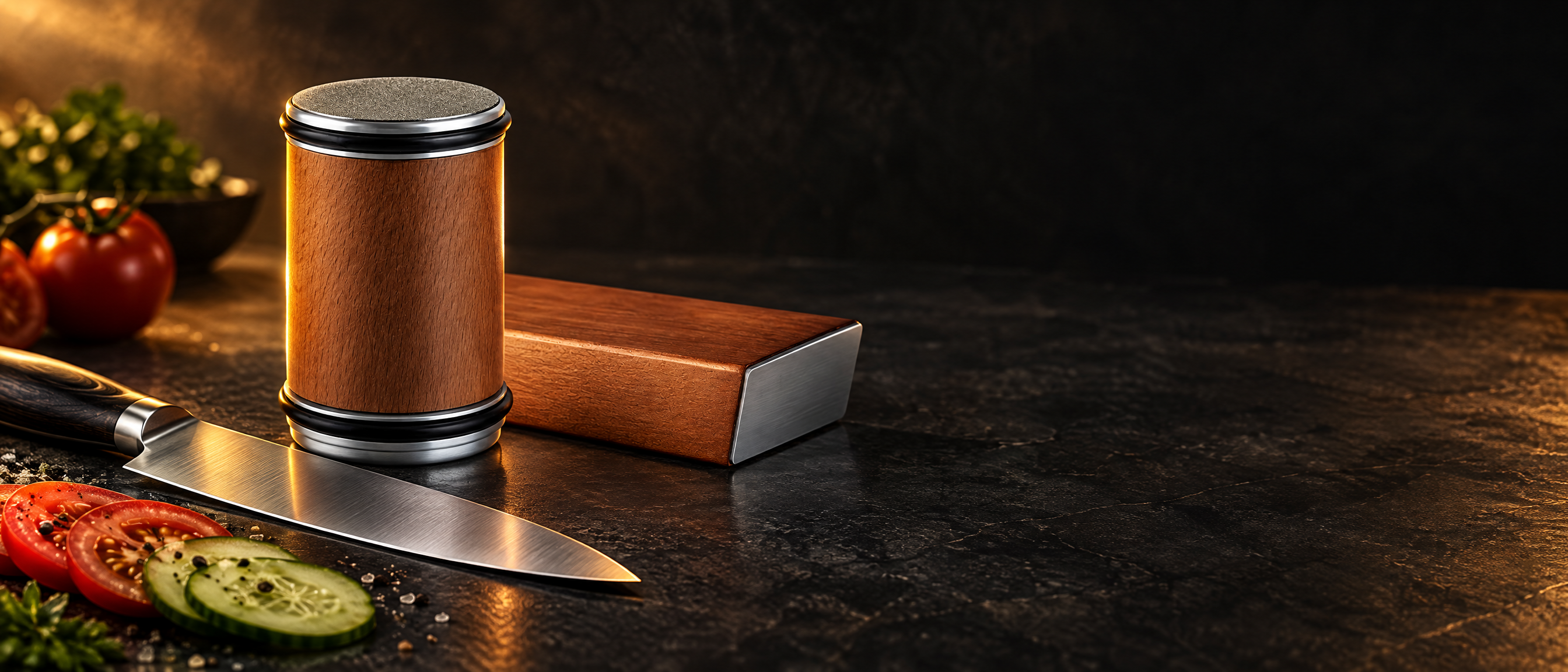 Premium rolling knife sharpener with diamond stone on wooden base