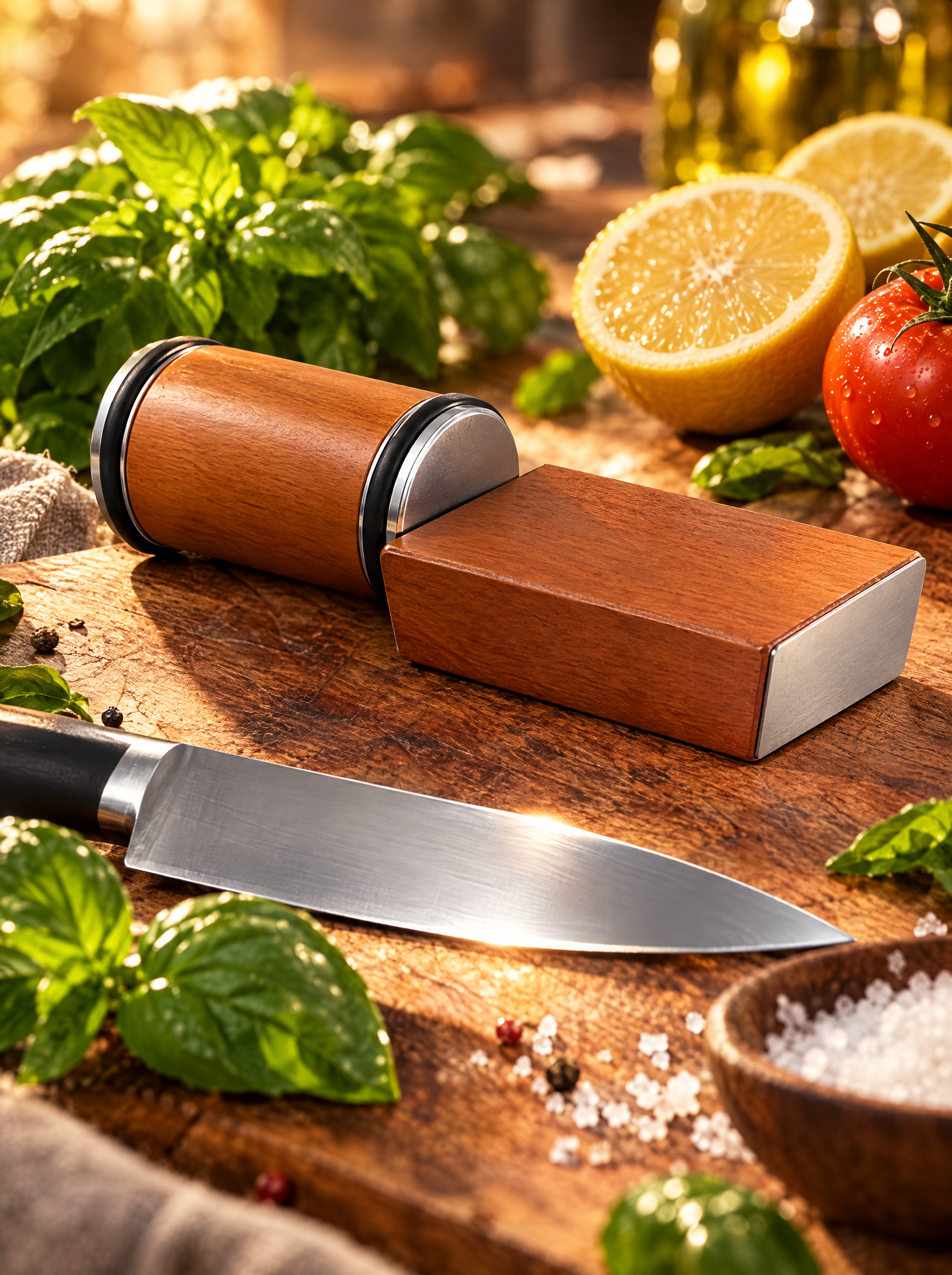 Refining the knife edge with the leather strop side of the sharpener