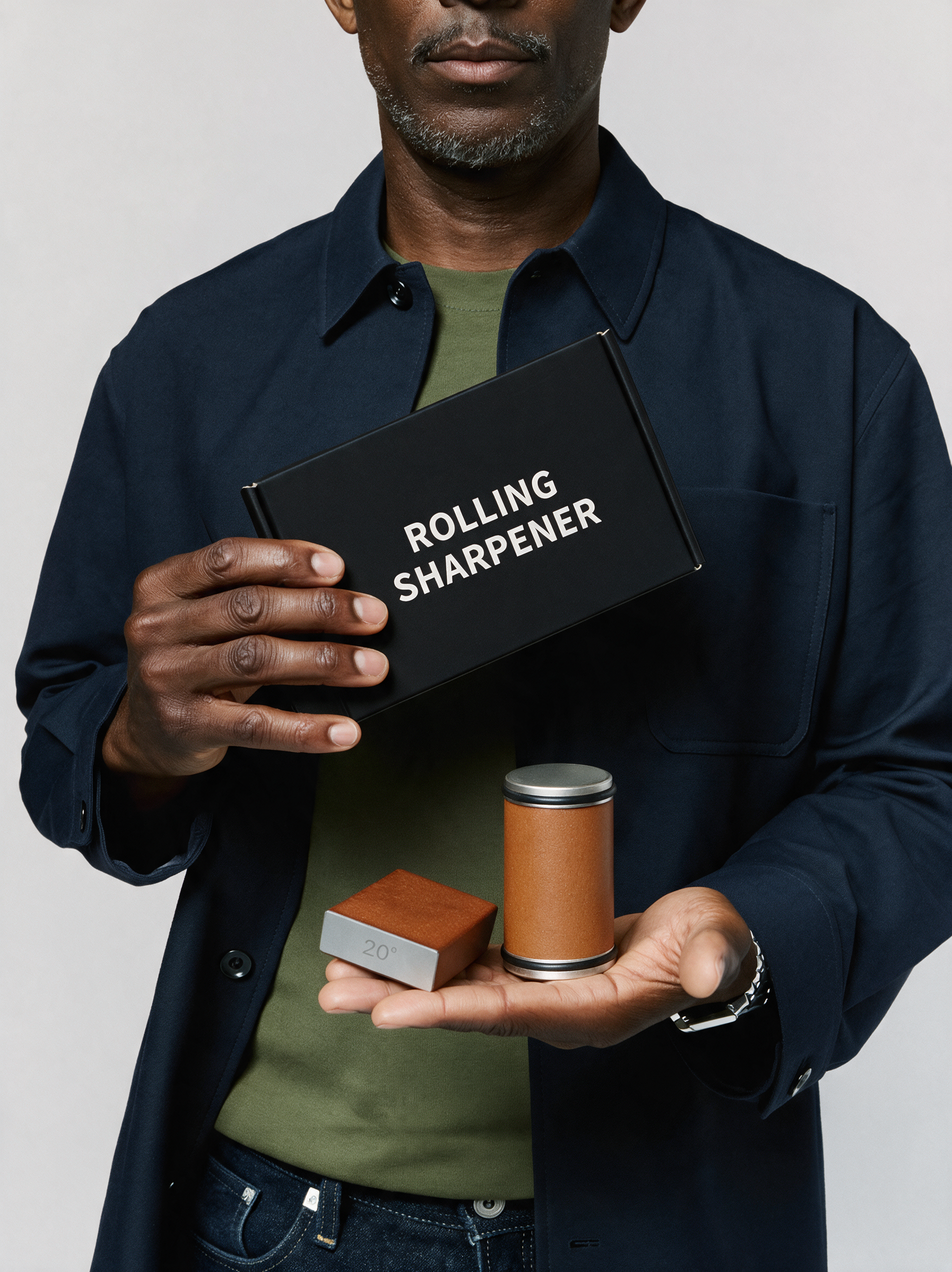 Rolling knife sharpener on a wooden kitchen countertop