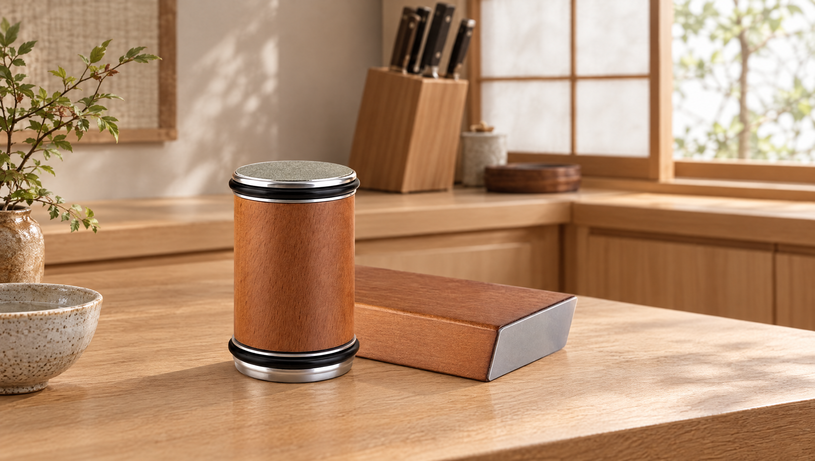 Magnetic base holding a chef knife securely at the perfect angle