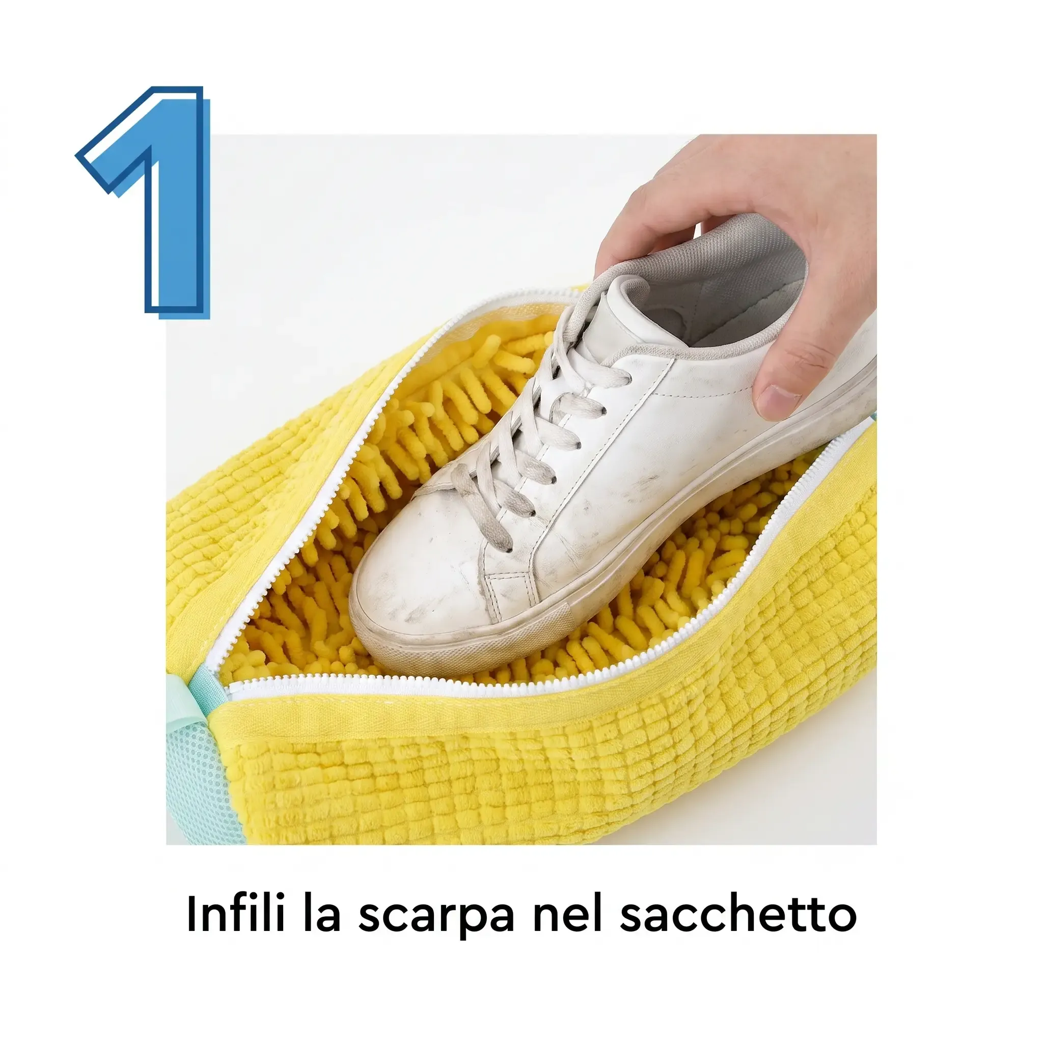 Le scarpe inserite comodamente nella borsa per un lavaggio sicuro