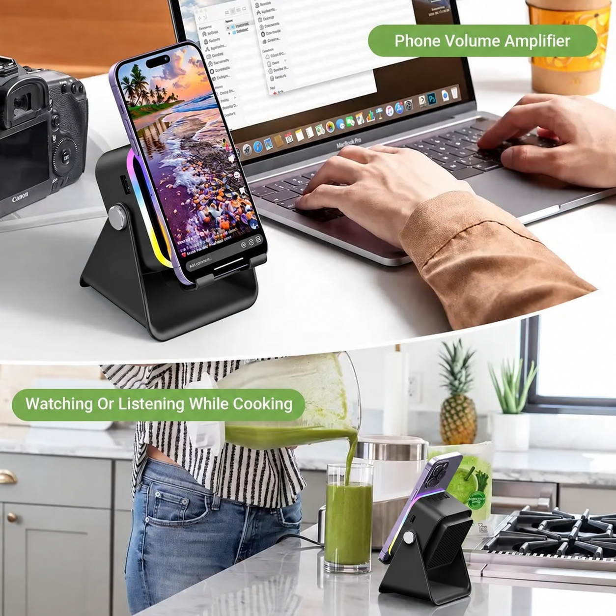 Sleek foldable desk hub with phone stand and integrated ambient light