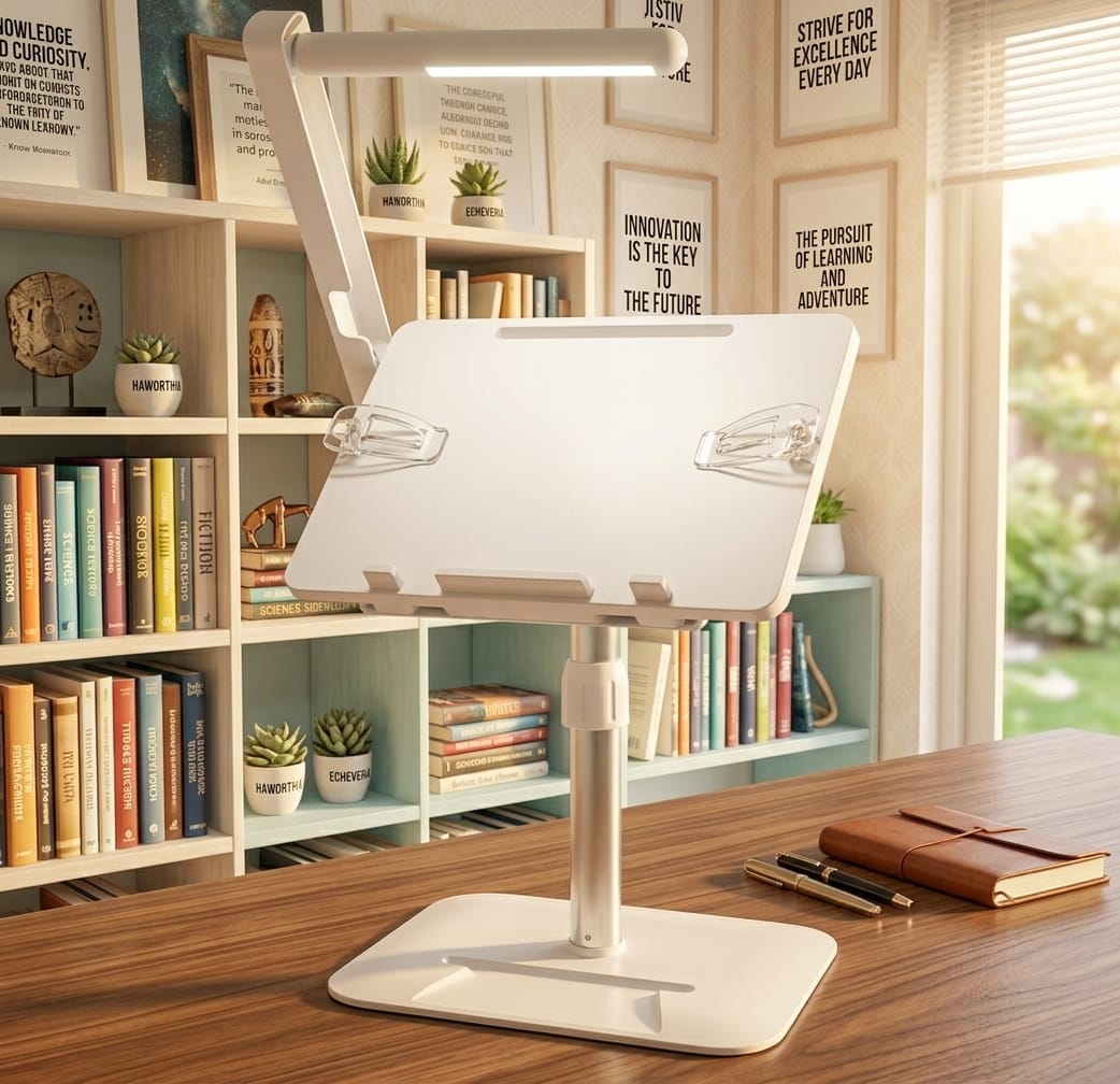 Adjustable reading stand with integrated LED light for ergonomic comfort