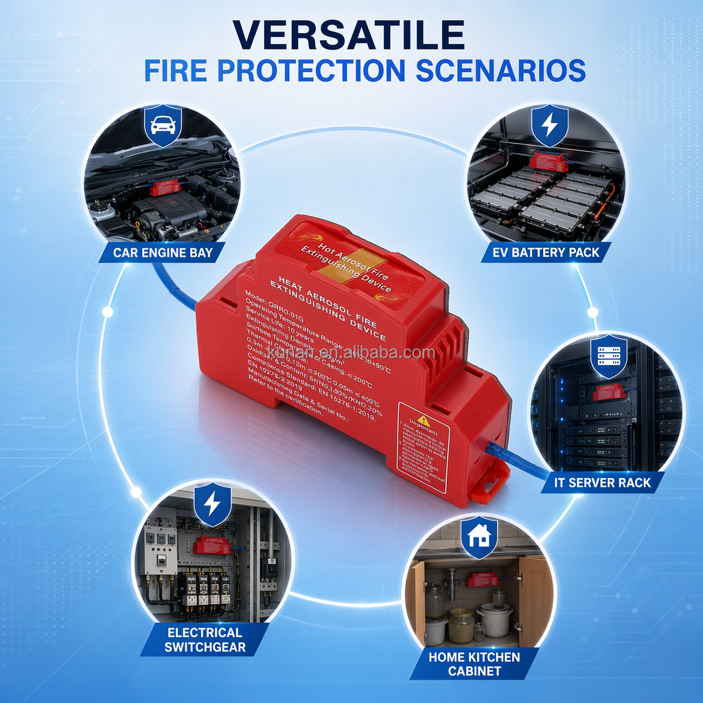 Heat aerosol fire extinguishing device with red compact housing