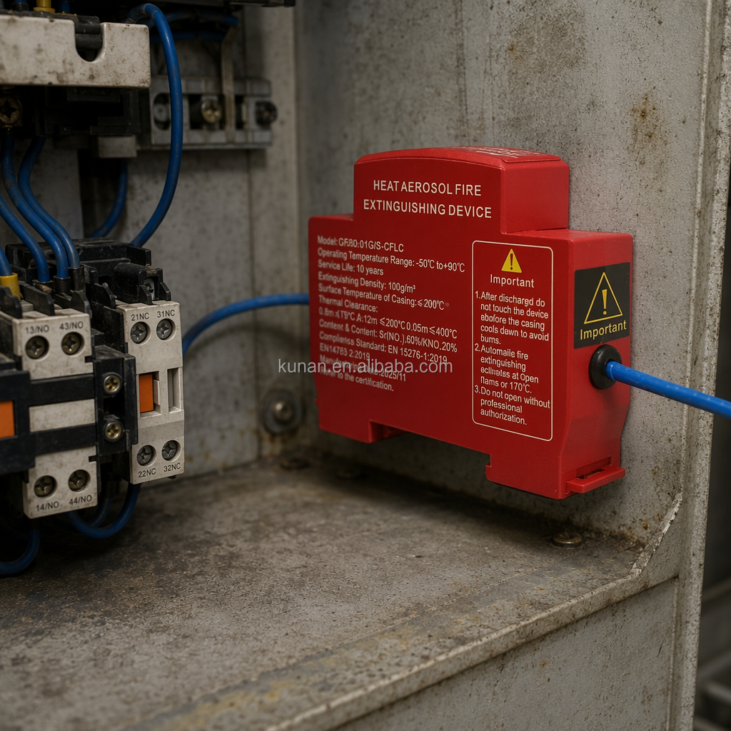 Close-up of compact red fire extinguisher device