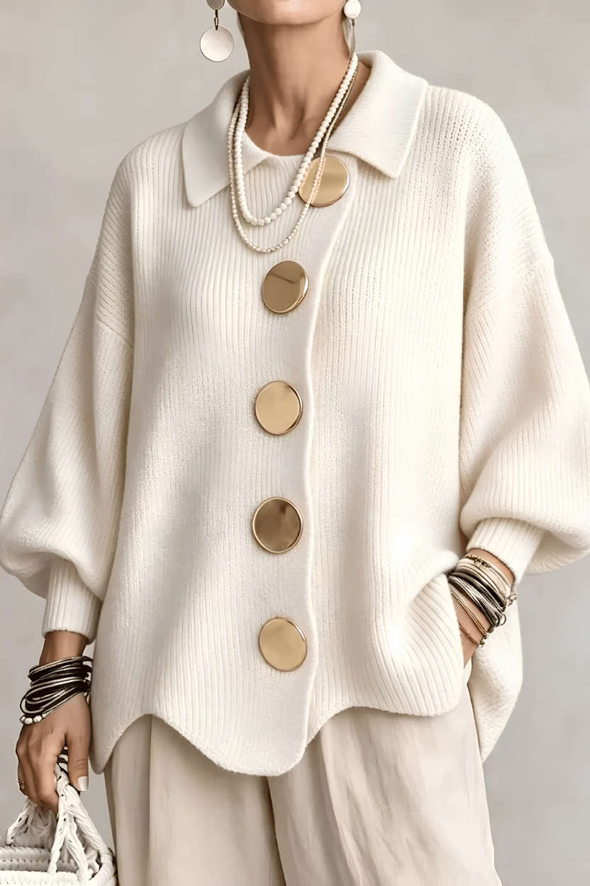 Elevated Ribbed-Knit Cardigan with Statement Gold Buttons for Fall/Winter