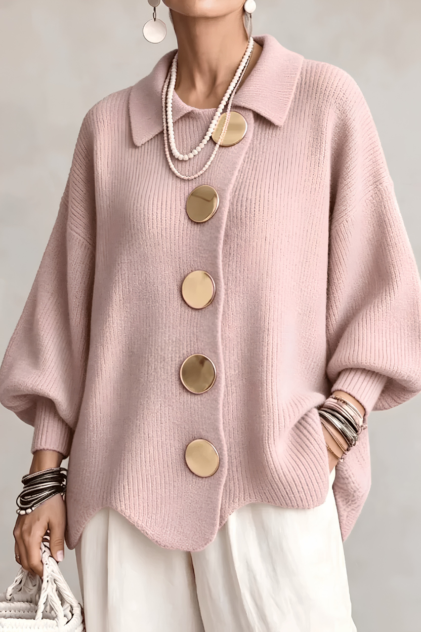 Elevated Ribbed-Knit Cardigan with Statement Gold Buttons for Fall/Winter