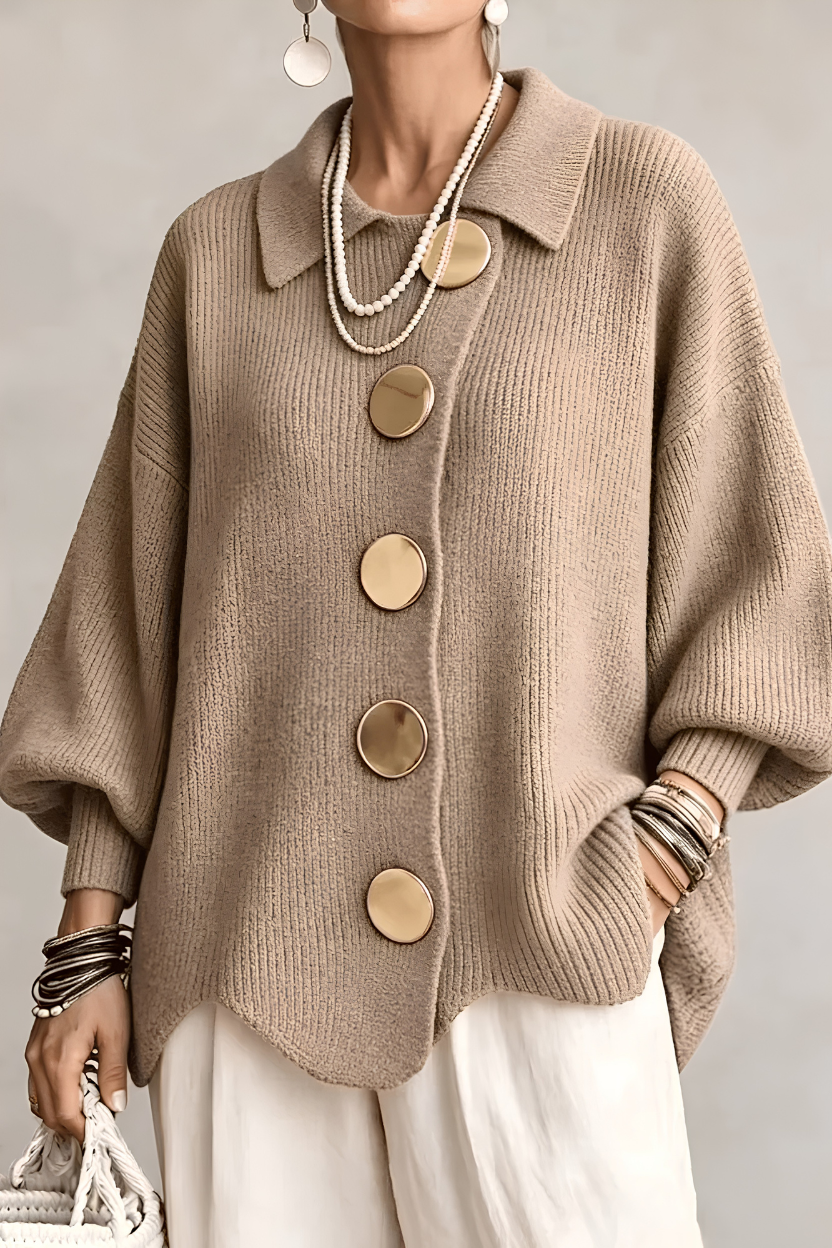 Elevated Ribbed-Knit Cardigan with Statement Gold Buttons for Fall/Winter