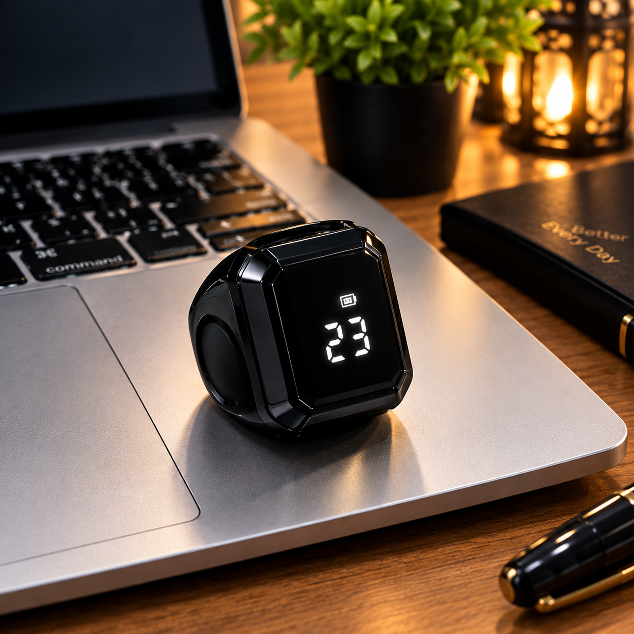 Sleek black smart Zikr Ring on a finger