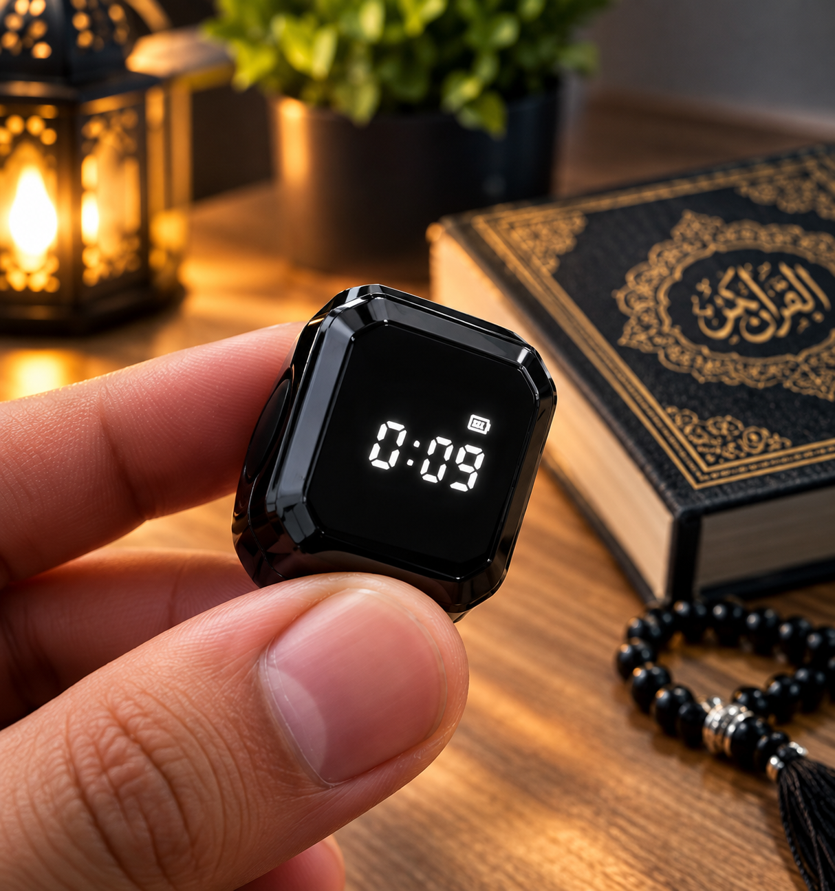 Zikr ring resting on a prayer mat in a comfortable home setting