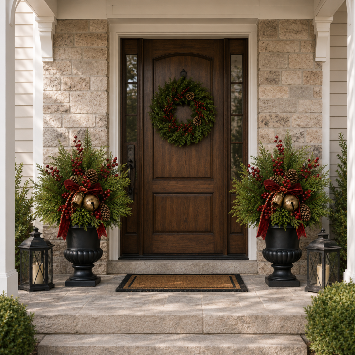 Pre-lit Christmas porch urn filler with velvet bow and brass bells