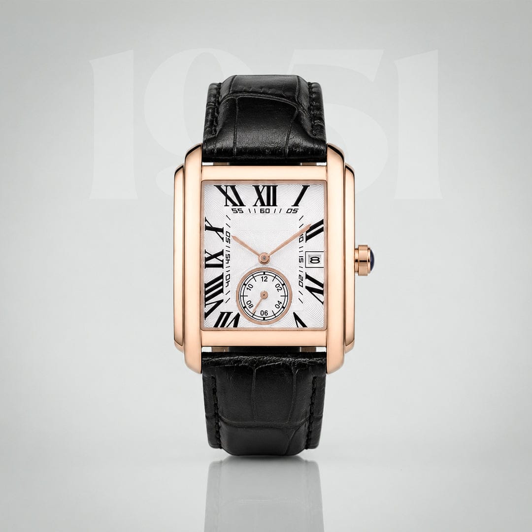 Close up of The Founder watch white dial and Roman numerals