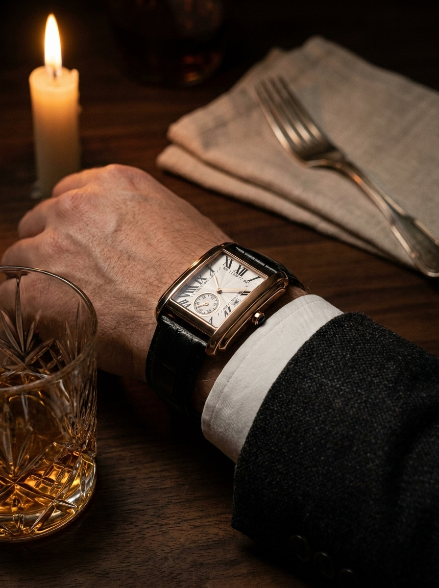 The Founder rose gold dress watch with white dial and croc-grain strap