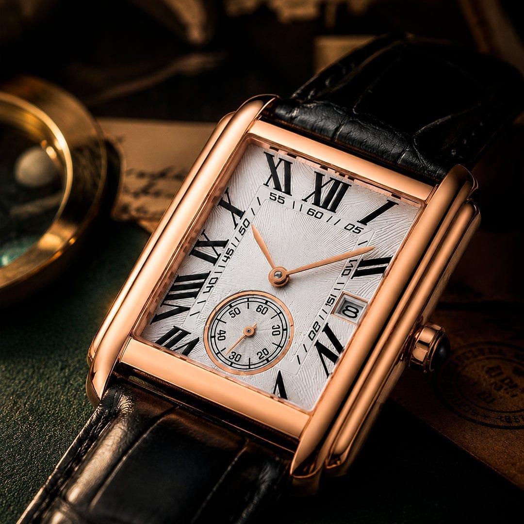 The Founder watch worn with a crisp white shirt and suit