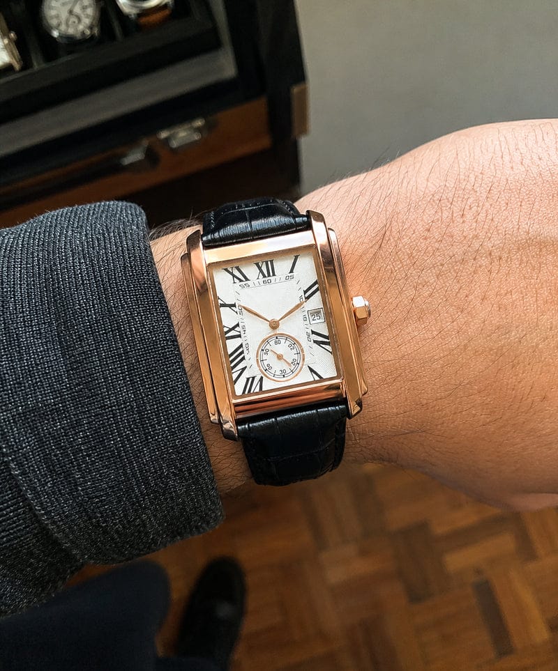 Croc-grain strap on a man's wrist