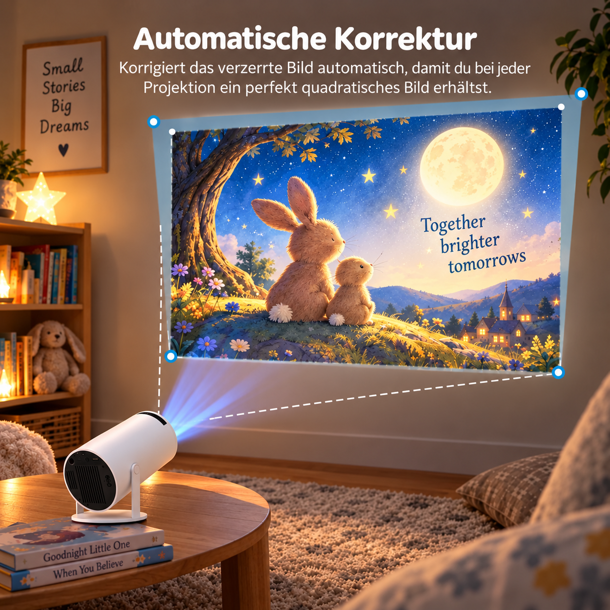 Ein Kind betrachtet glücklich die projizierten Illustrationen an der Zimmerwand.