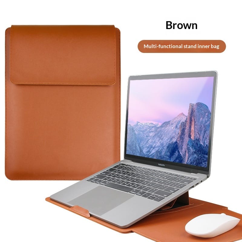 Premium leather laptop sleeve with integrated stand for professional use