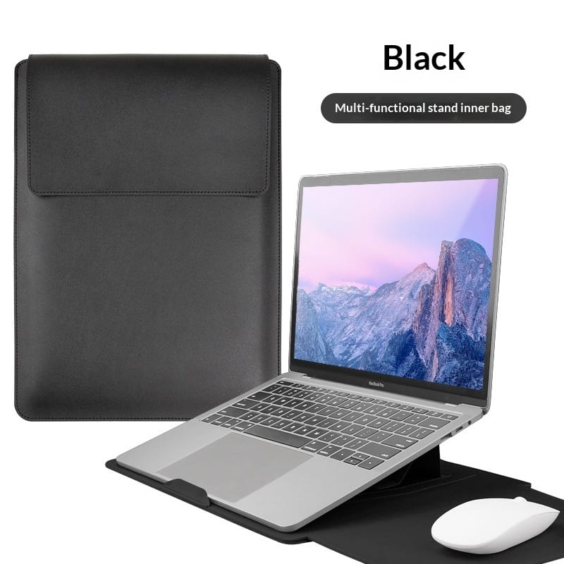 Person using the laptop case as a desk stand