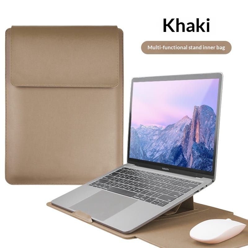 Premium leather laptop case with ergonomic stand functionality