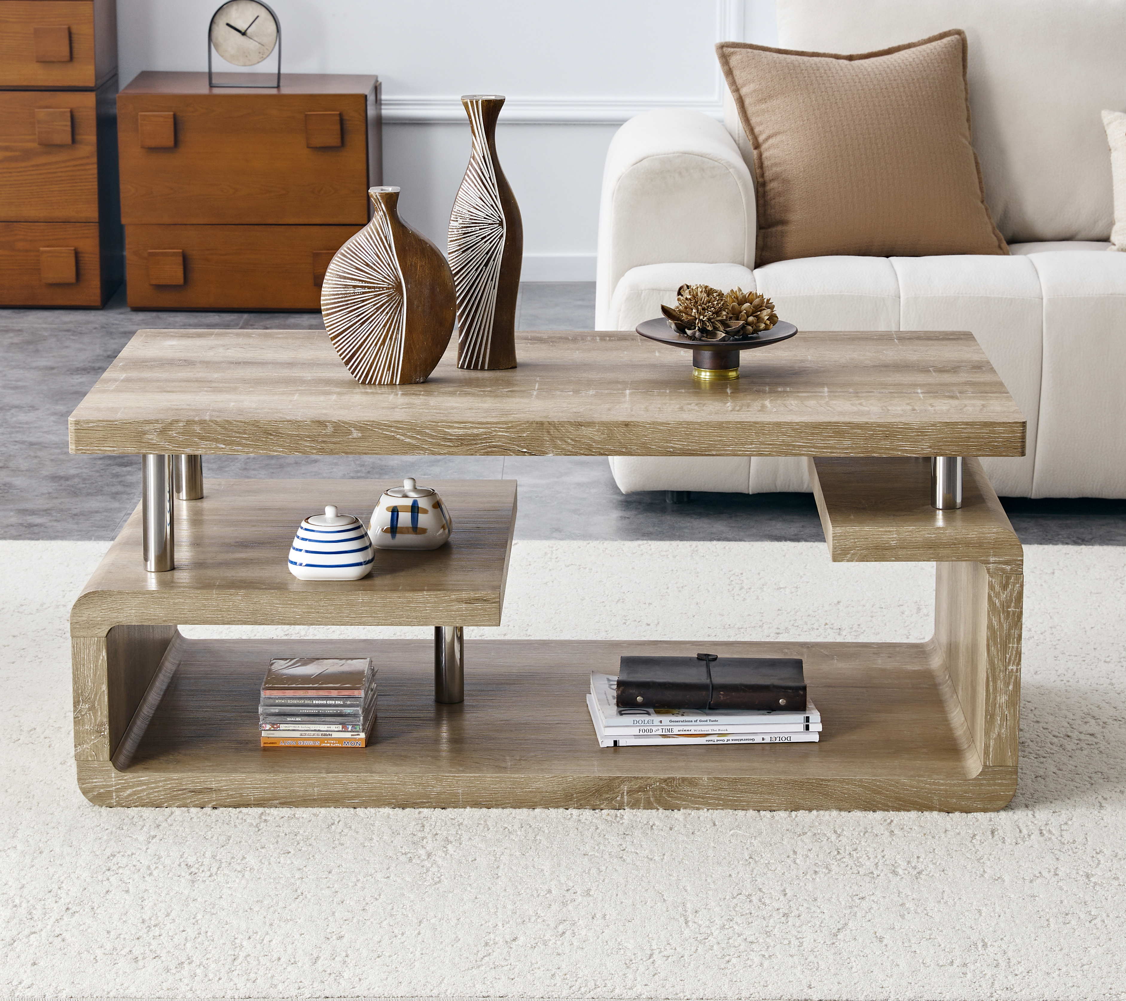 A modern furniture piece featuring high-density MDF wood grain finish and durable steel legs for lasting home stability.