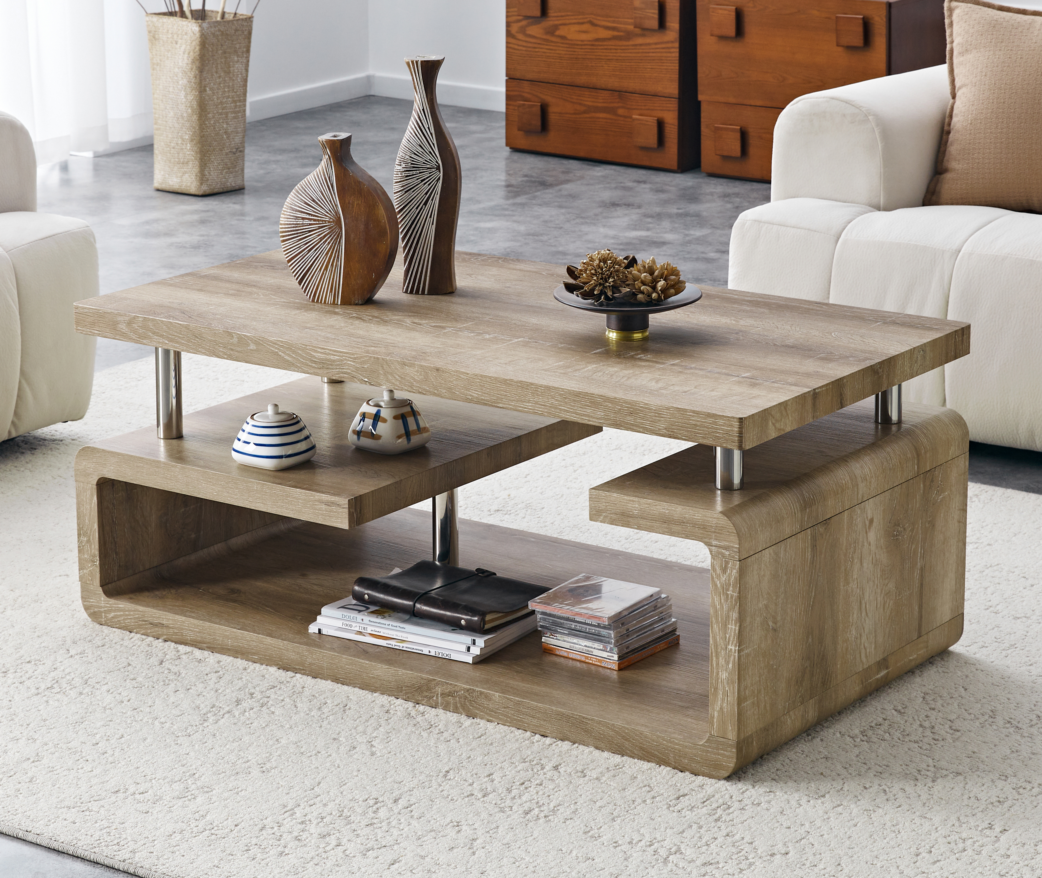 Three tier rustic wooden shelf centerpiece