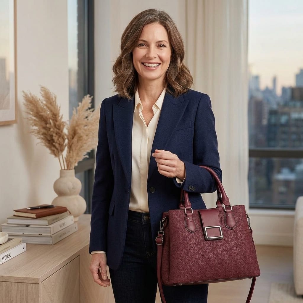 Stylish woman wearing an embossed retro handbag