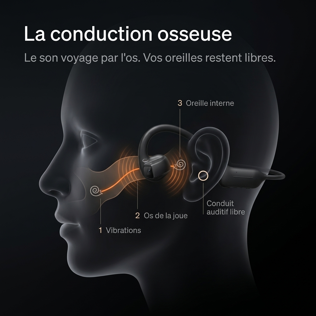 Casque audio à conduction osseuse avec caméra intégrée pour sportifs