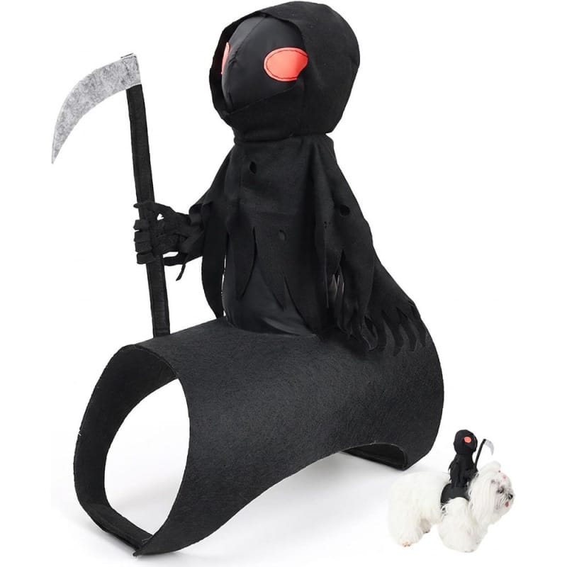 Grim reaper pet costume featuring glowing red eyes