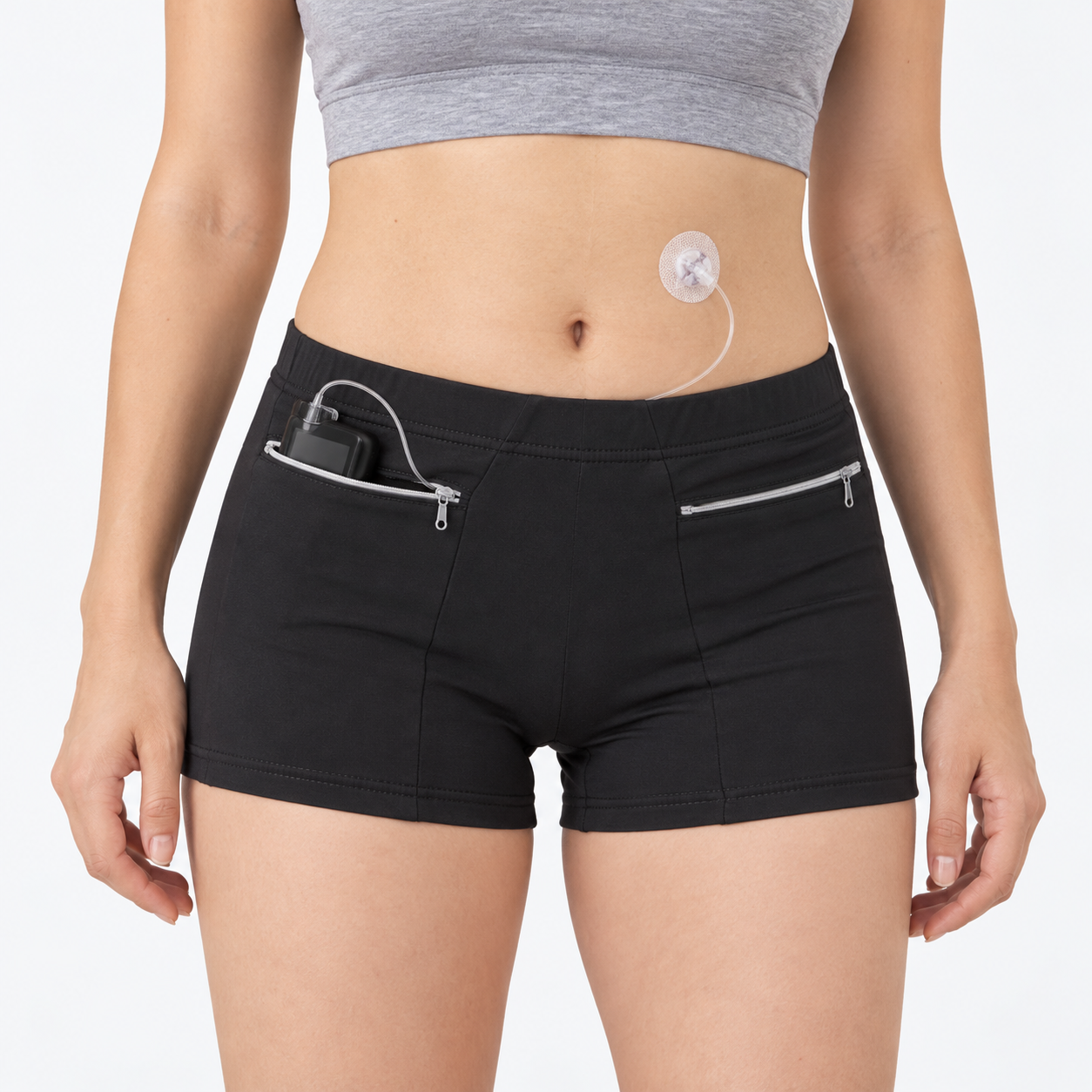 Woman wearing stylish fitted shorts with a discreet insulin pump pocket