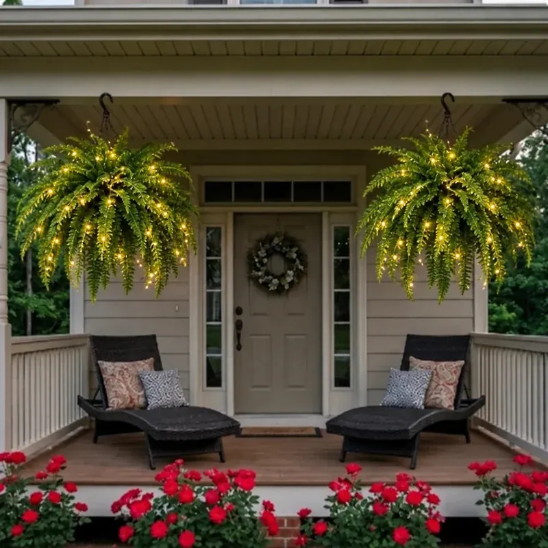 Lush Snuggai Fern hanging on a suburban front porch