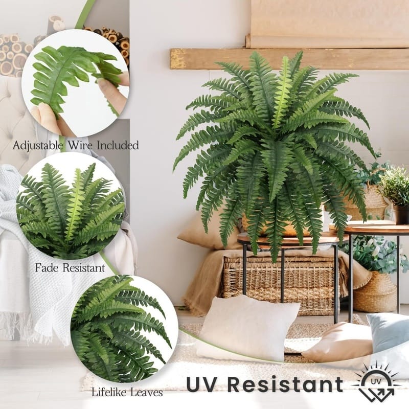 Vibrant UV-resistant artificial fern plant on a suburban front porch