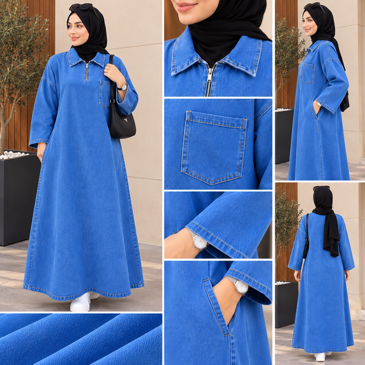 فستان طويل من الدنيم الأزرق بتصميم عصري وأنيق