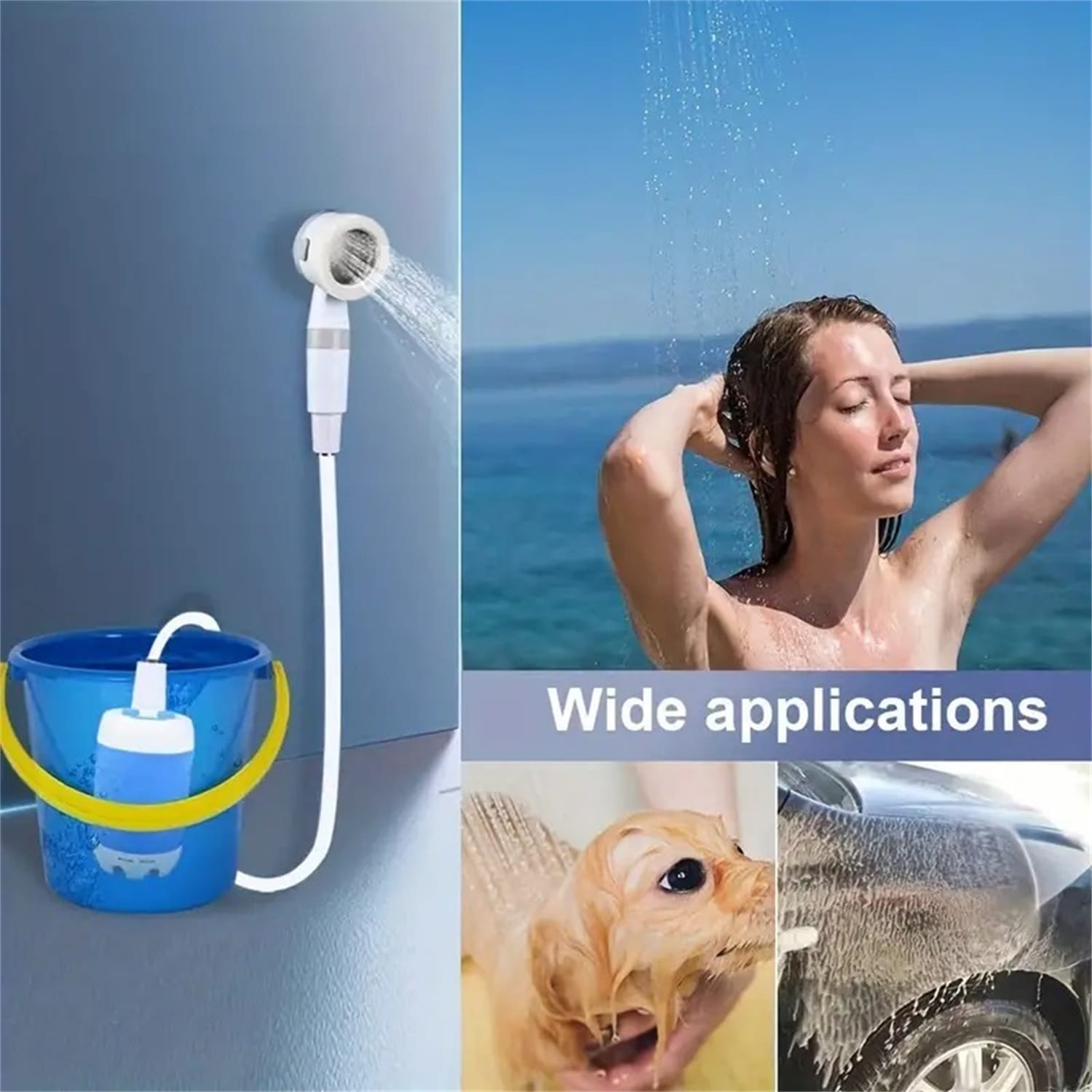 Person using the Soluater shower after a day at the beach