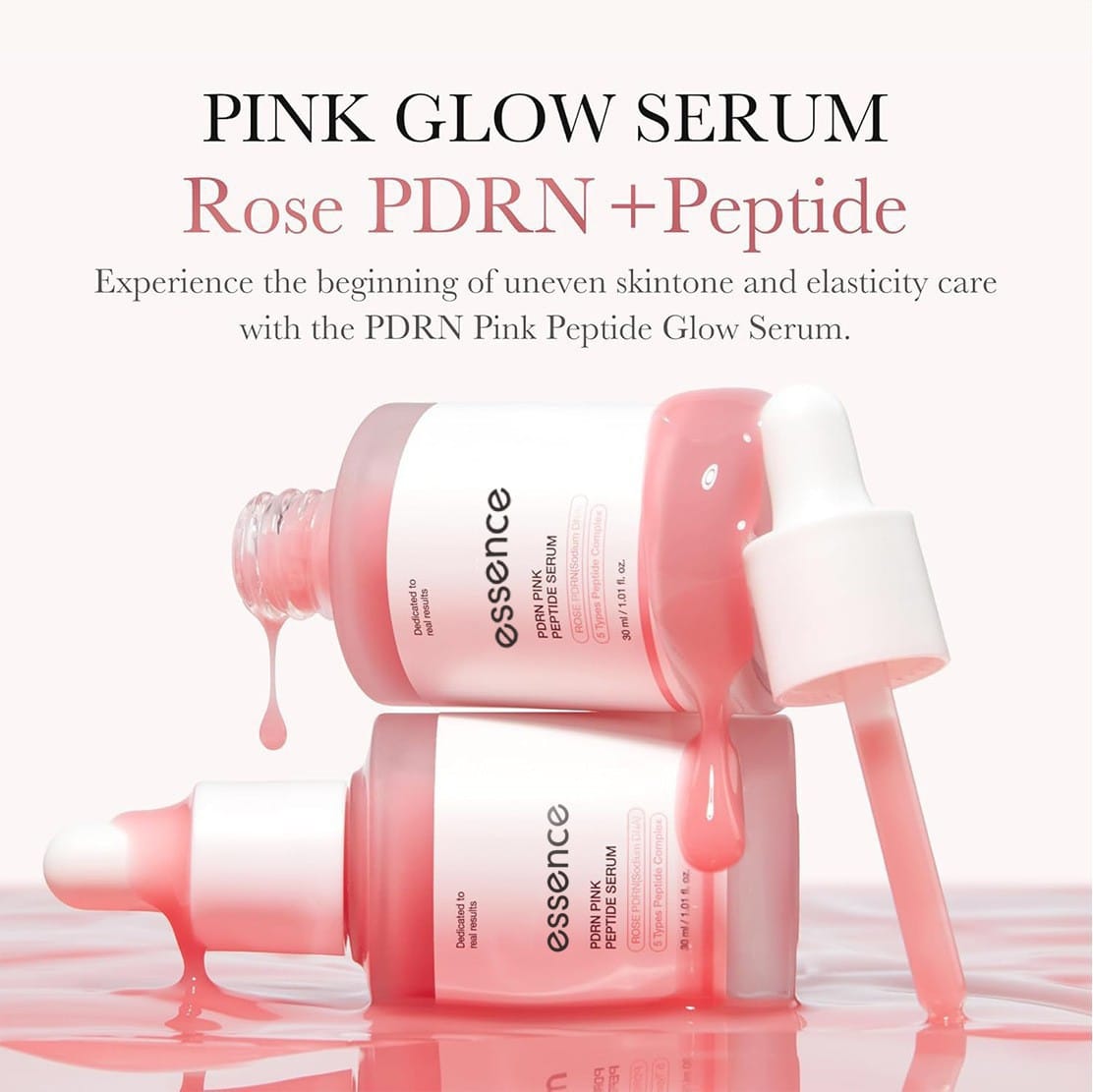 PDRN Pink Peptide Serum bottle showing glowing skin transformation