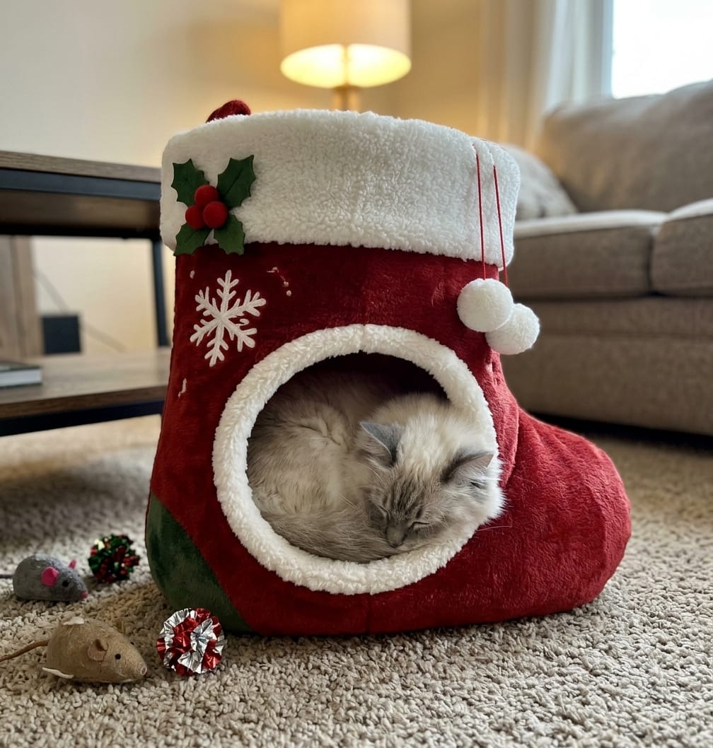 Cat sleeping in a holiday stocking bed