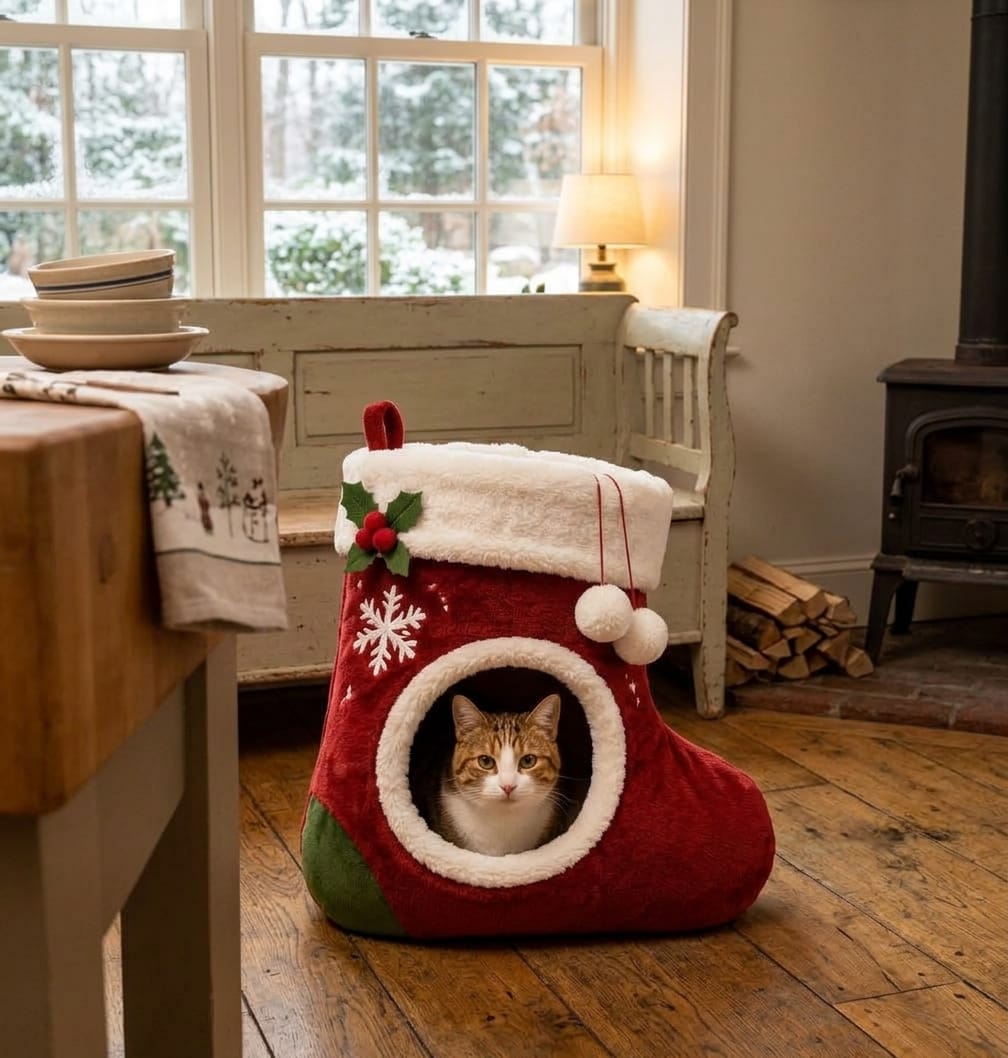 Cozy cat resting in a hanging stocking