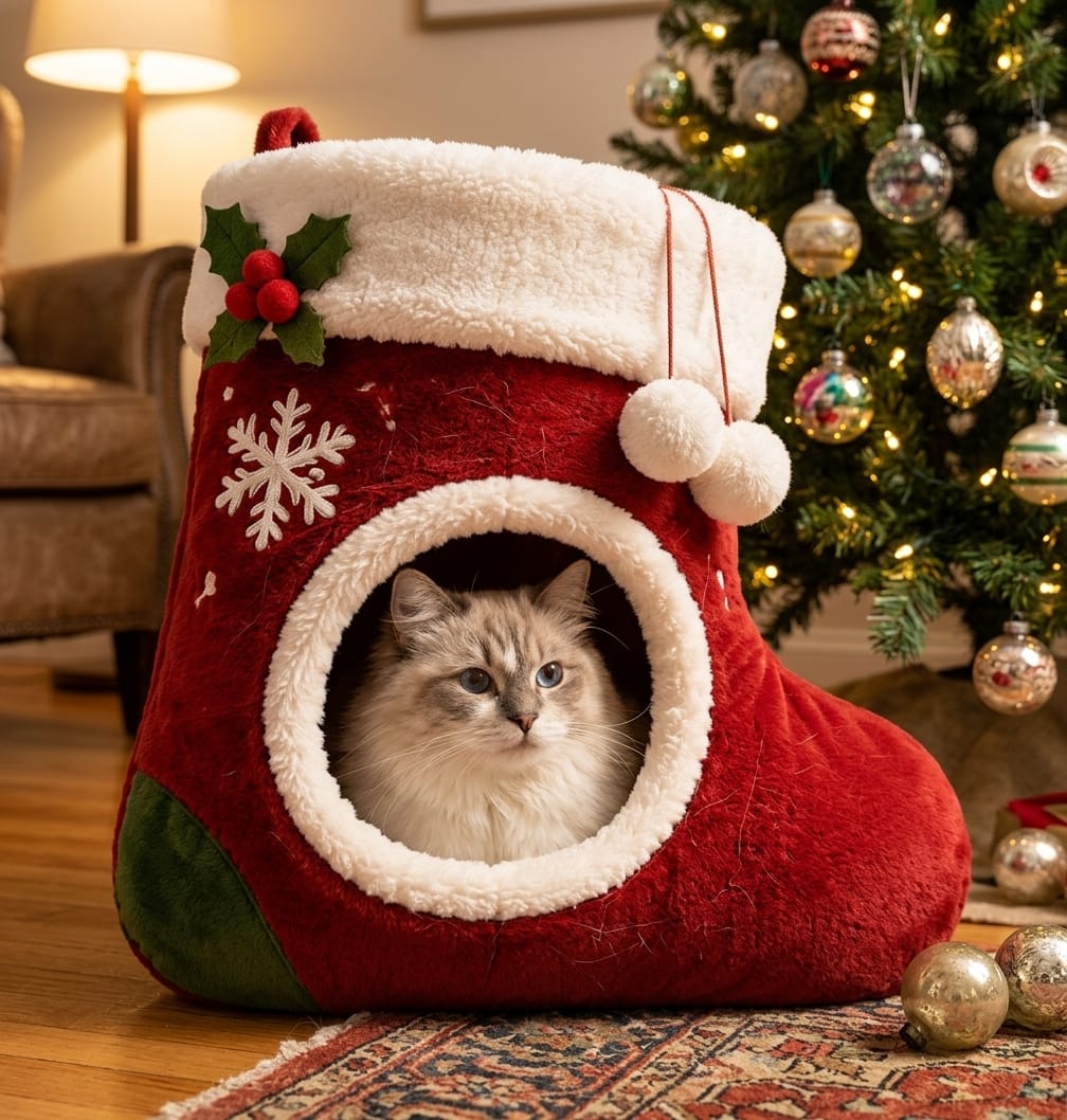 Happy cat inside a festive hanging bed