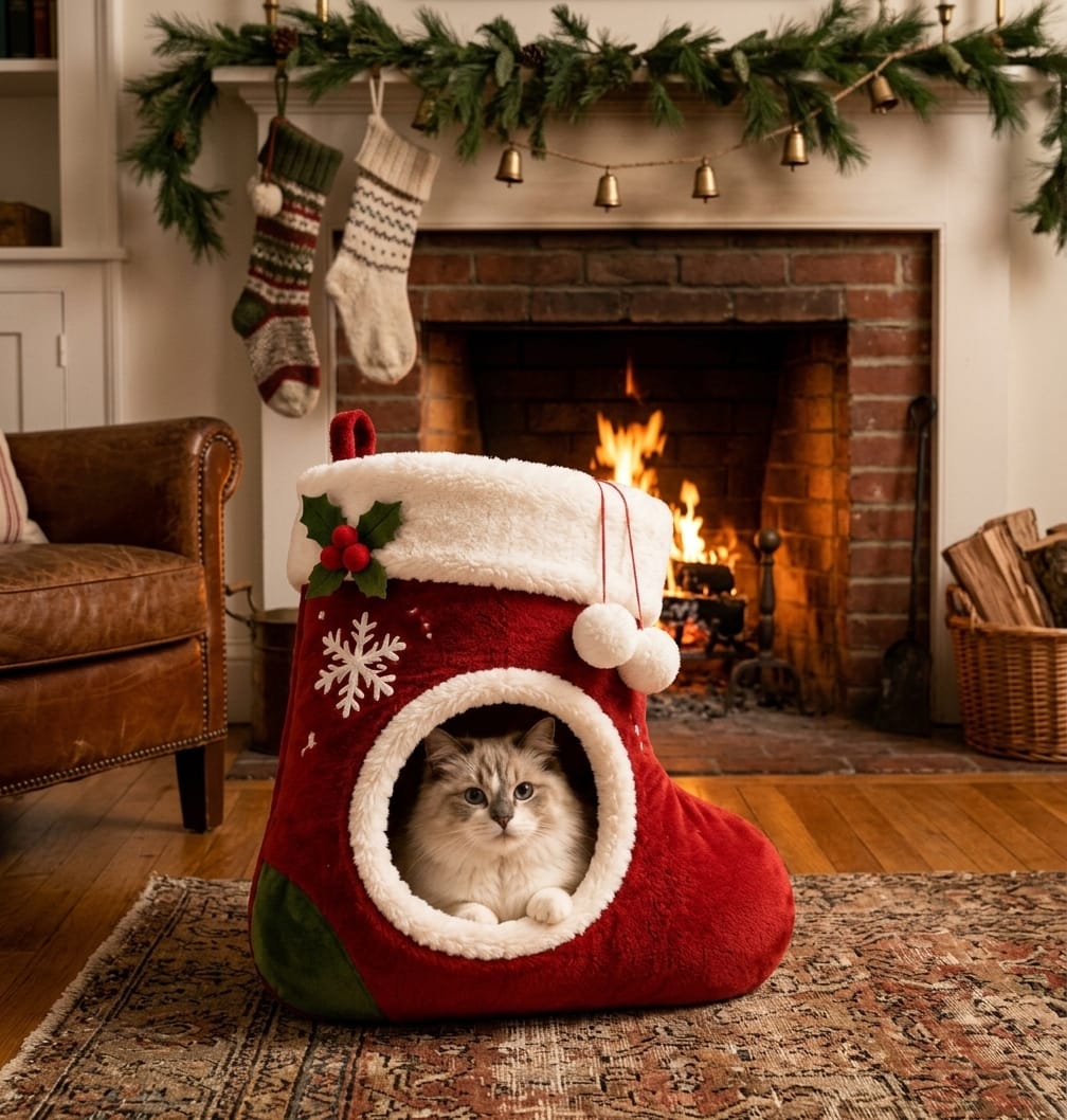 Cat peeking out of a Christmas stocking bed